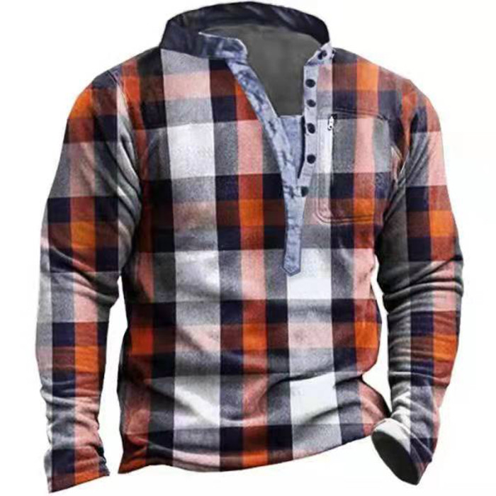 Fashion Casual Button V Neck Long Sleeve Vintage Plaid Print  Sweatshirts