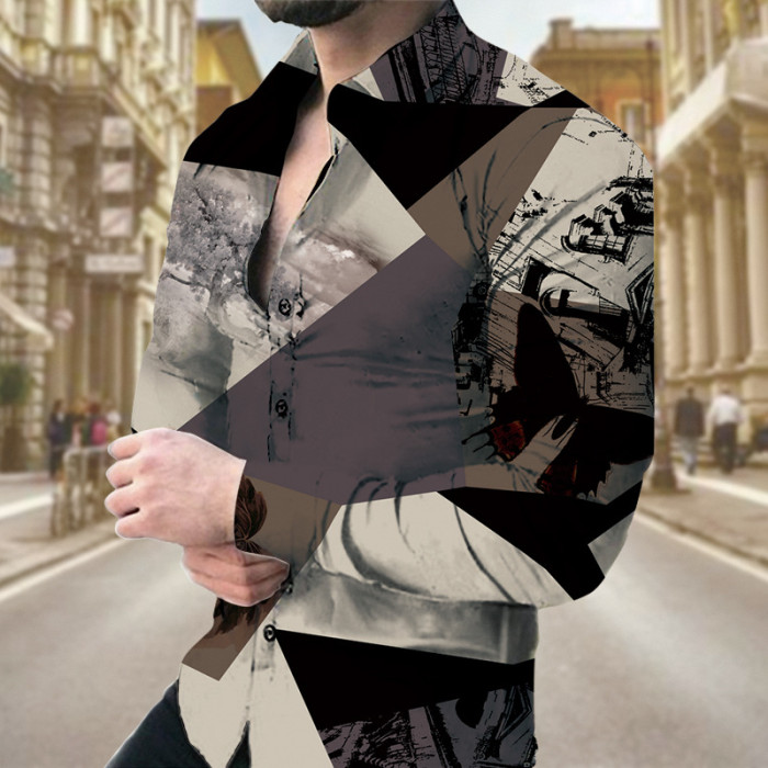 Men's Fashion Digital Printing Casual Long Sleeve Lapel Oversized Shirt