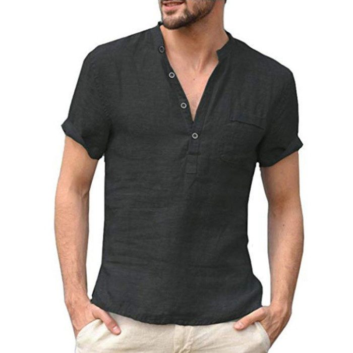 Short Sleeve Linen Men's Casual Fashion Solid Color Stand Collar T-Shirt