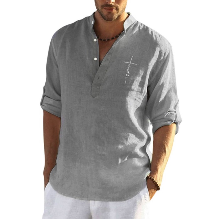 Fashion Long Sleeve Linen Top Sexy Printed Casual Set Shirts for Men