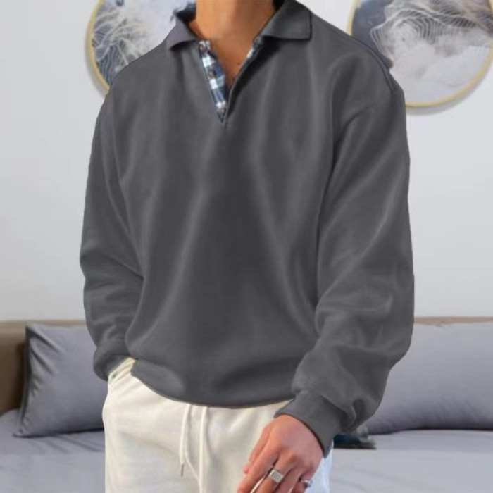 Men's Fashion Polo Shirt Long Sleeve Lapel Panel Casual Sweatshirt