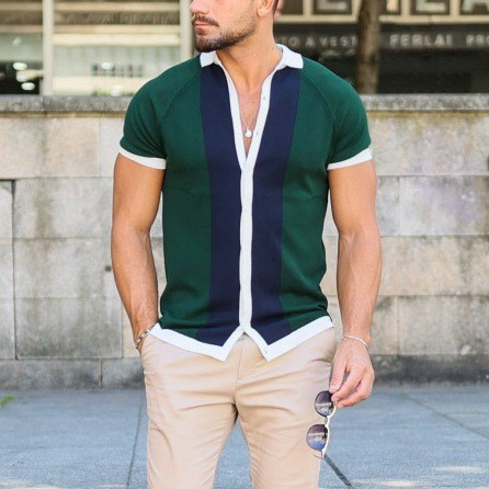 Men's Fashion Stripe Contrast Color Cardigan Short Sleeve Casual Polo Shirt