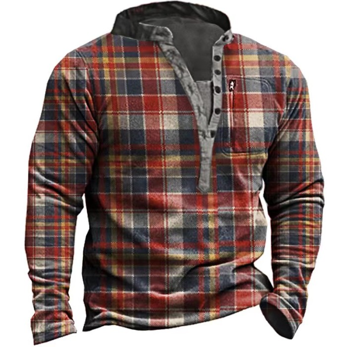 Fashion Casual Button V Neck Long Sleeve Vintage Plaid Print  Sweatshirts