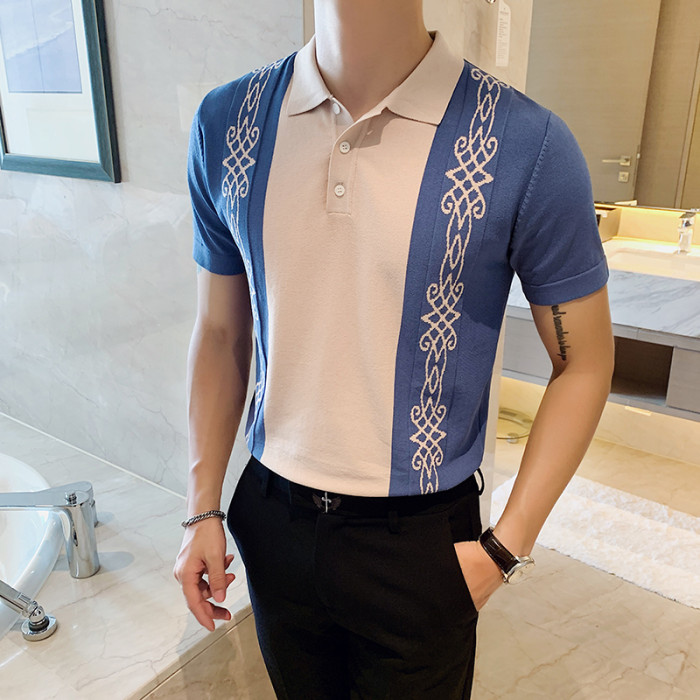 Men's Fashion Contrasting Color Slim Lapel Short Sleeve Knitted Polo Shirt
