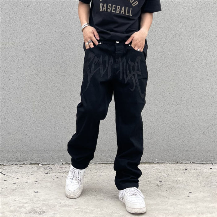 Men's Retro Black Embroidered Letter Loose Straight Jeans