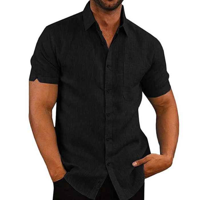 Men's Cotton Linen Casual Short Sleeve Solid Color Lapel Formal Shirt