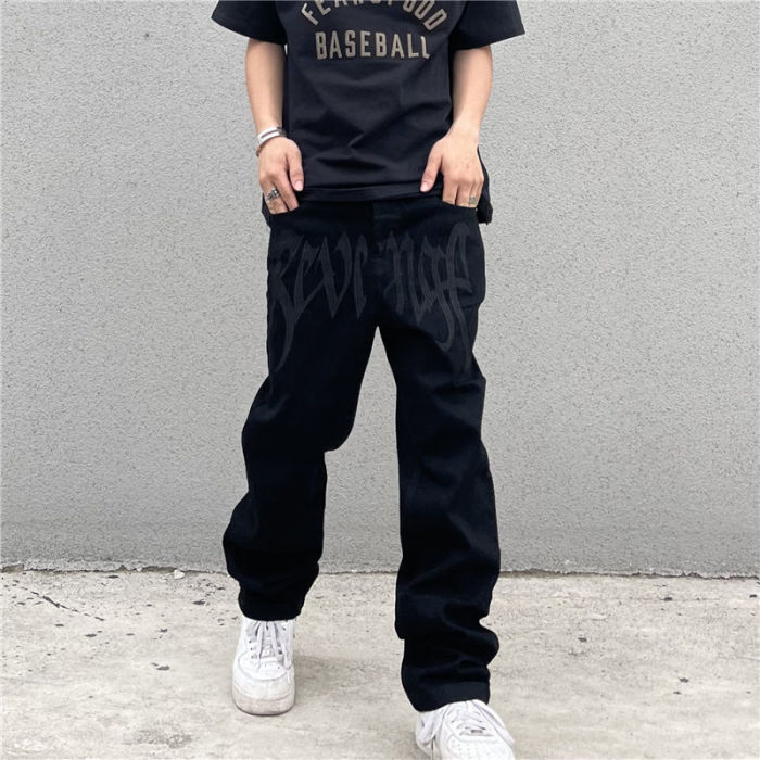 Men's Retro Black Embroidered Letter Loose Straight Jeans