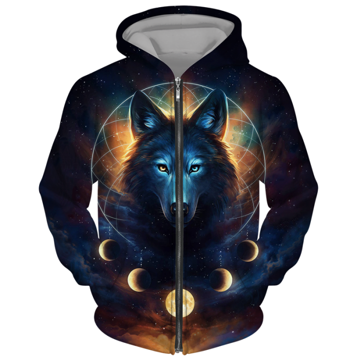 Mens Cool 3D Wolf Print Zip Hoodie Fashion Streetwear Hoodie Casual Sweatshirt