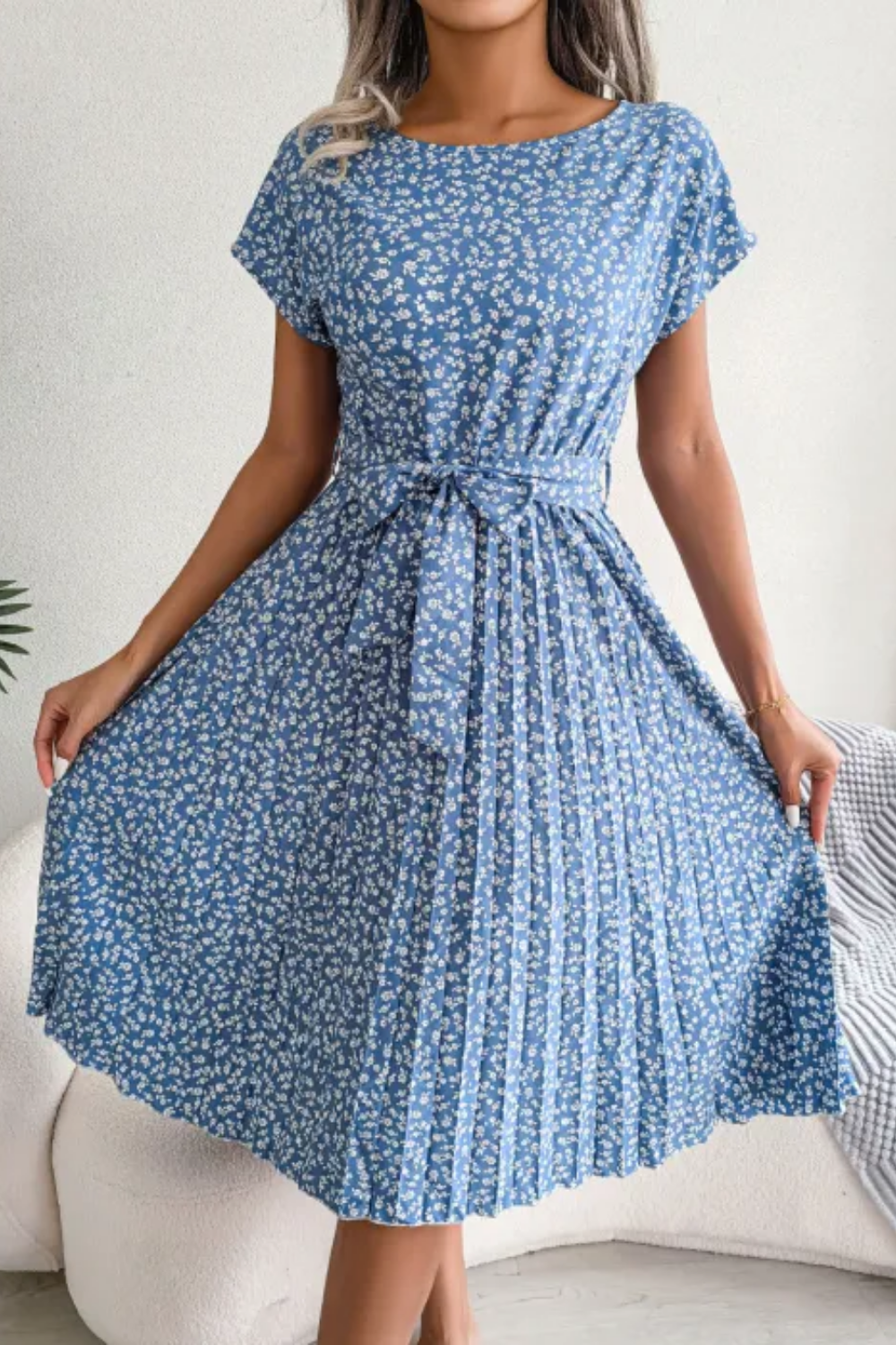 EXCHIC Women's Floral Print Midi Dress - High Waist, Short Sleeve, Knee Length, Stretchy Fabric - View #9