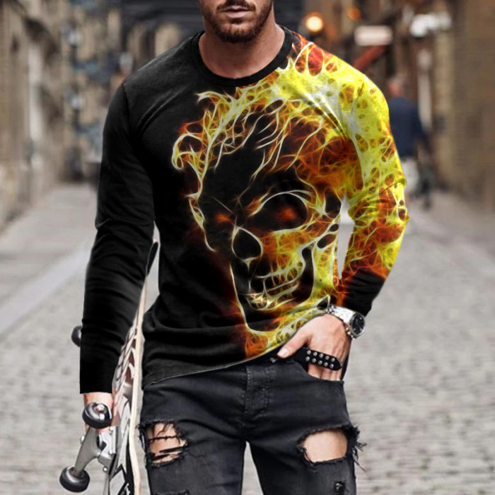 Men's Loose Round Neck 3D Animal Print Long Sleeve T-Shirt