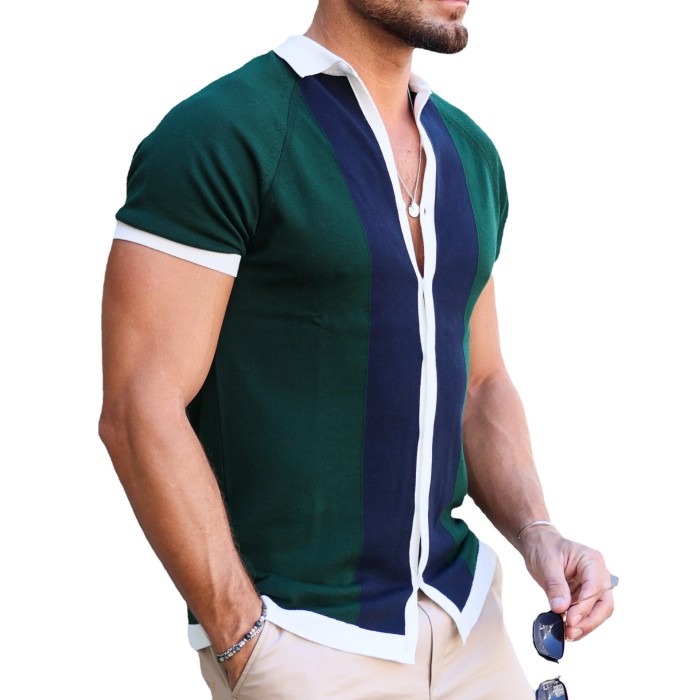 Men's Fashion Stripe Contrast Color Cardigan Short Sleeve Casual Polo Shirt