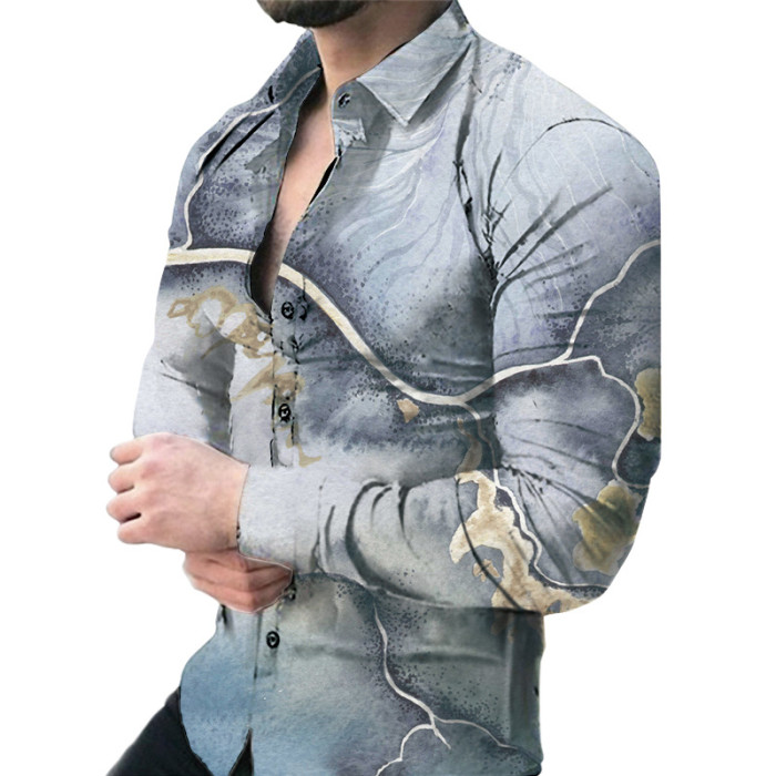 Men's Fashion 3D Printing Casual Slim Lapel Long Sleeve Shirt