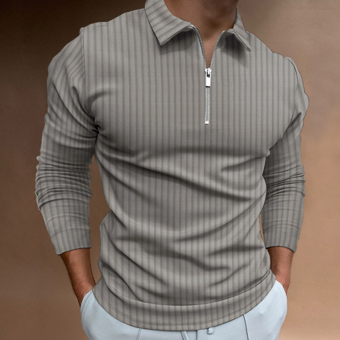 Men's Fashion Casual Striped Long Sleeve Polo Shirt Lapel Zipper T-Shirt