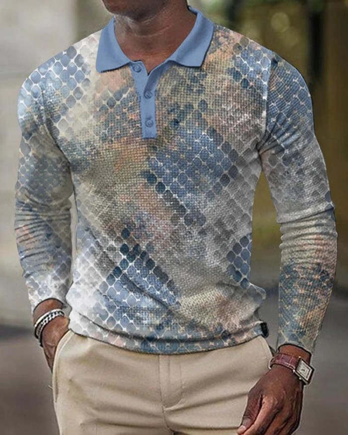 Fashion Lapel Men Polo Shirt Casual Plaid Long Sleeve  T Shirts Top
