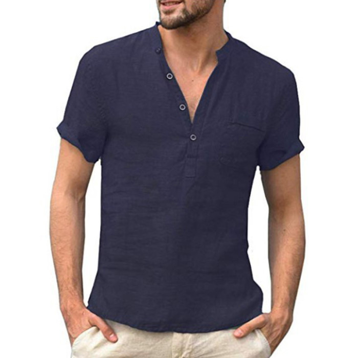 Short Sleeve Linen Men's Casual Fashion Solid Color Stand Collar T-Shirt