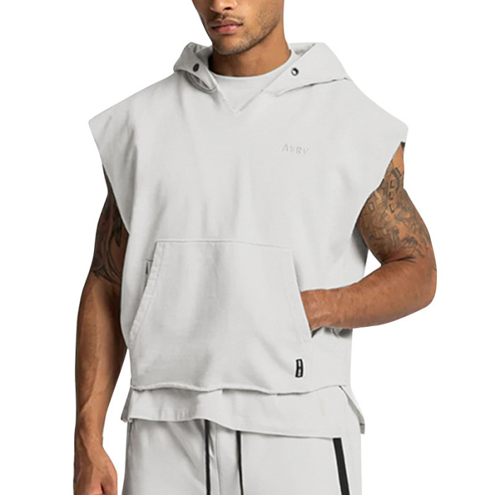 Fashion Sport Sleeveless Pocket Men Solid Color Loose Casual Hoodie