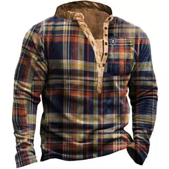 Fashion Casual Button V Neck Long Sleeve Vintage Plaid Print  Sweatshirts