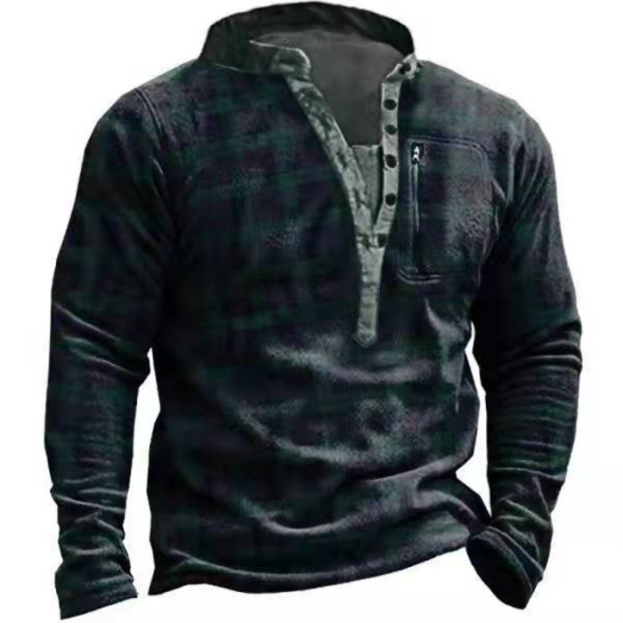 Fashion Casual Button V Neck Long Sleeve Vintage Plaid Print  Sweatshirts
