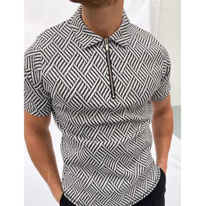 Men's Polo Shirt Short Sleeve Oversized Loose Zipper Colorblock T-Shirt