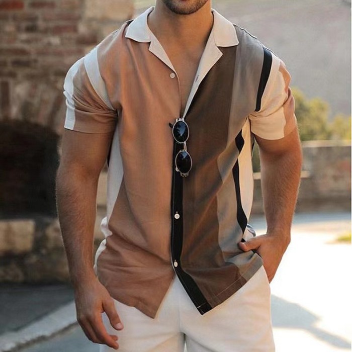 Casual Men's Linen Color Loose Solid Color Short Sleeve Fashion Lapel Shirt