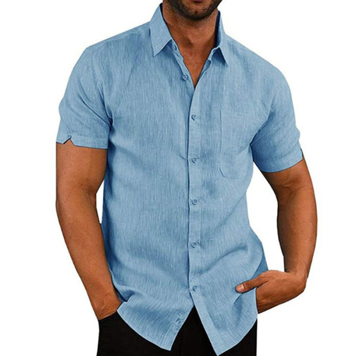 Men's Cotton Linen Casual Short Sleeve Solid Color Lapel Formal Shirt