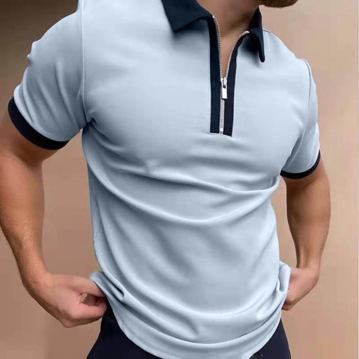 Men's Polo Shirt Short Sleeve Oversized Loose Zipper Colorblock T-Shirt