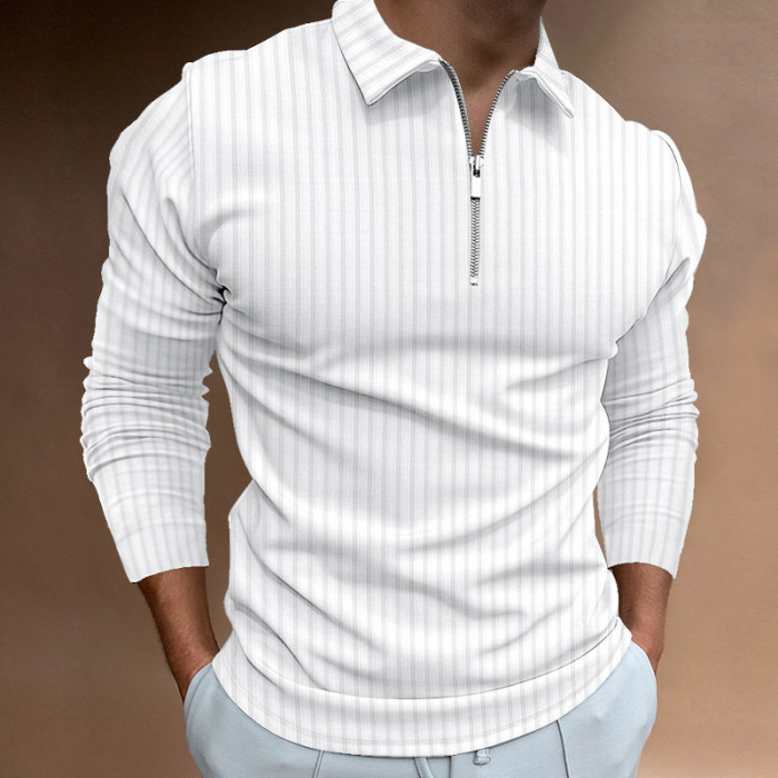 Men's Fashion Casual Striped Long Sleeve Polo Shirt Lapel Zipper T-Shirt