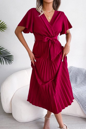 Elegant Fashion Pleated V-Neck Lace-up Short Sleeve Maxi Dress