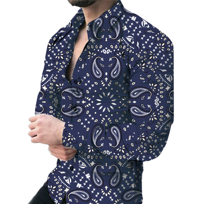 Men's Fashion 3D Printing Casual Slim Lapel Long Sleeve Shirt