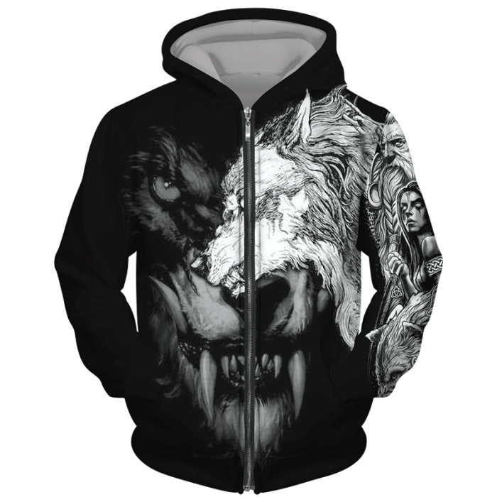 Mens Cool 3D Wolf Print Zip Hoodie Fashion Streetwear Hoodie Casual Sweatshirt