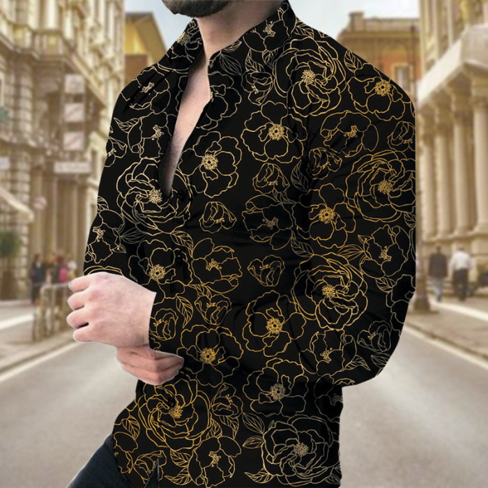 Men's Fashion Digital Printing Casual Long Sleeve Lapel Oversized Shirt