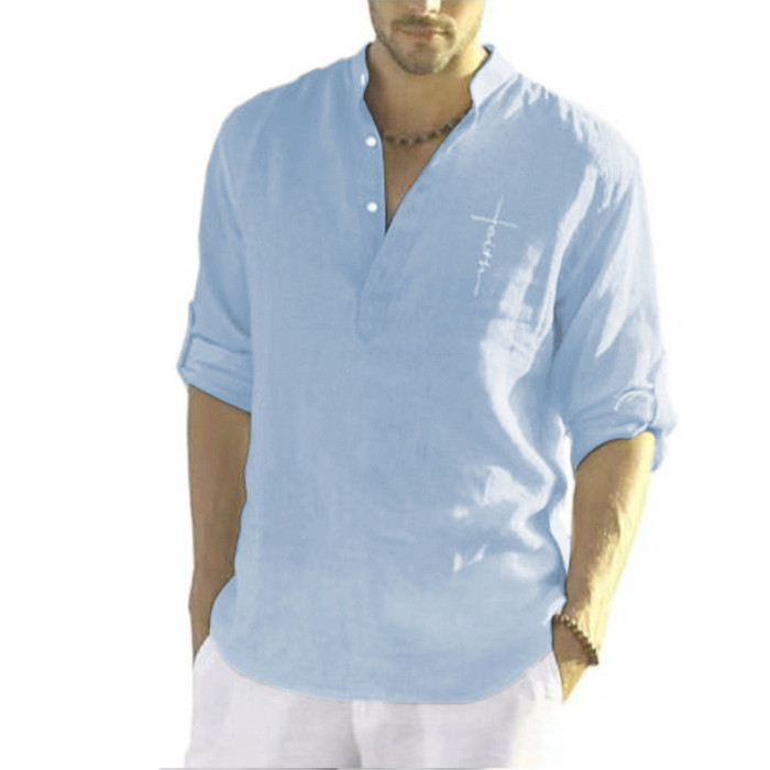 Fashion Long Sleeve Linen Top Sexy Printed Casual Set Shirts for Men