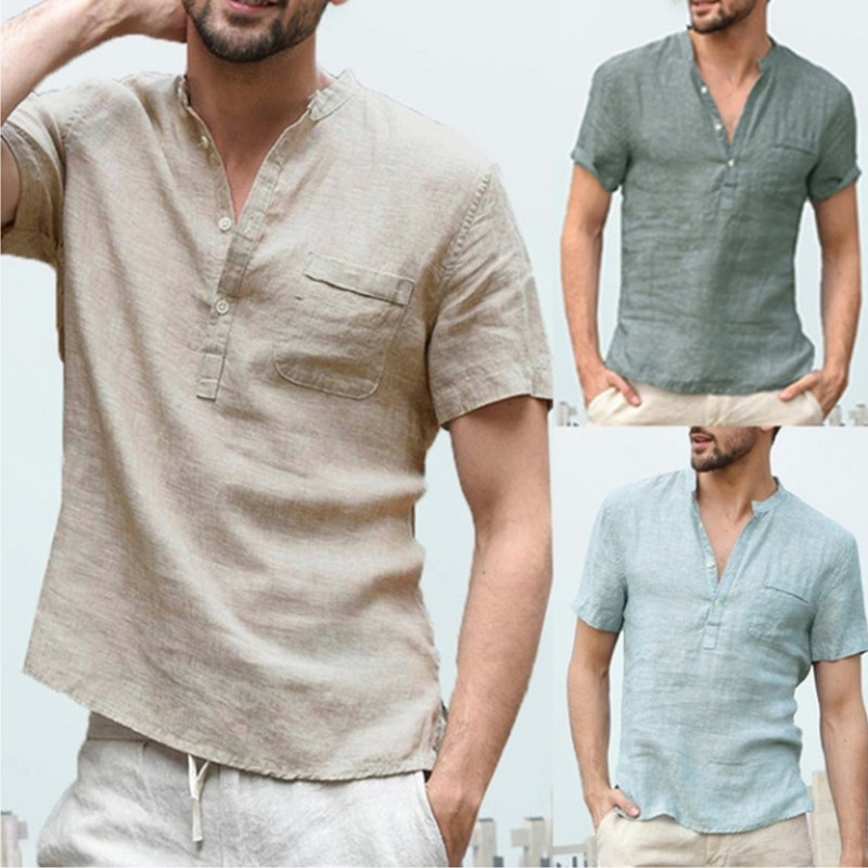 Short Sleeve Linen Men's Casual Fashion Solid Color Stand Collar T-Shirt