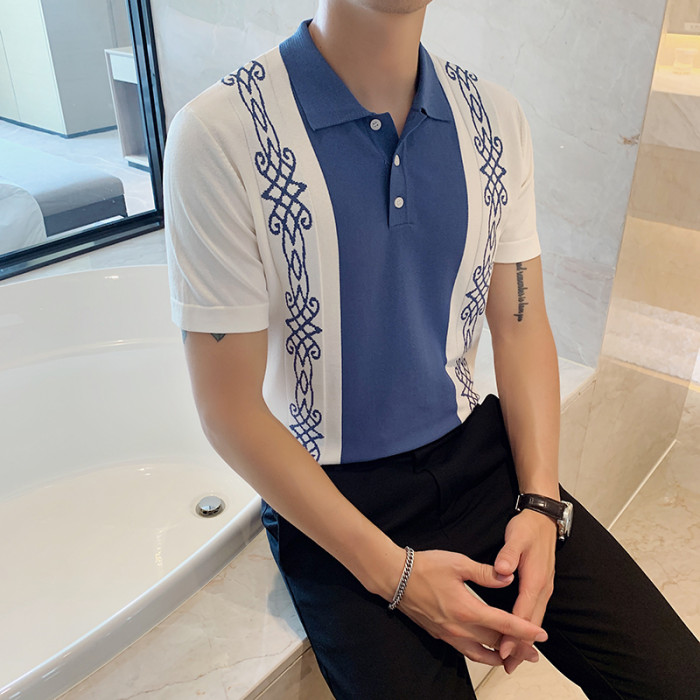 Men's Fashion Contrasting Color Slim Lapel Short Sleeve Knitted Polo Shirt