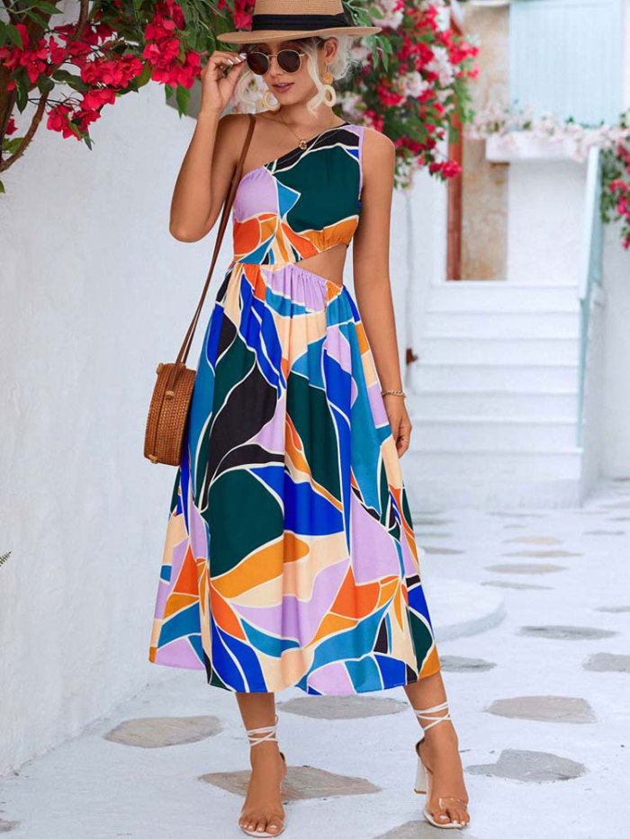 Women One Shoulder Hollow Out Print Boho Midi Dress