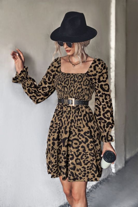 New Leopard Print Long-Sleeved Square Casual Dress