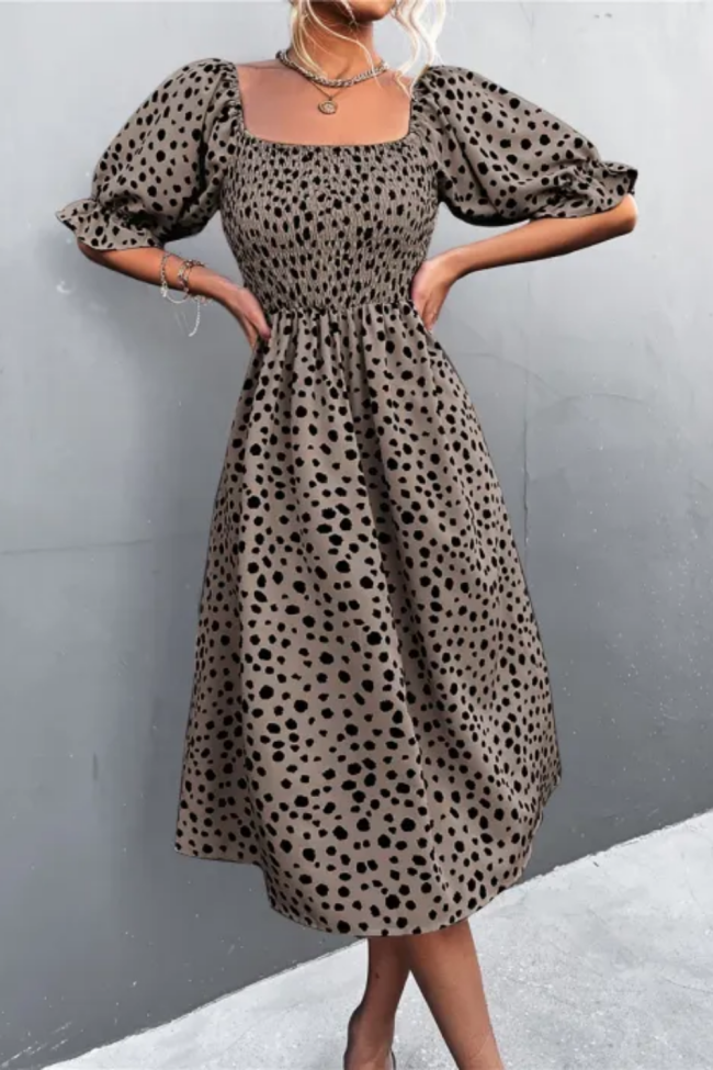 Women's Boho Floral Puff Sleeve Square Neck Fashion Casual Midi Dress