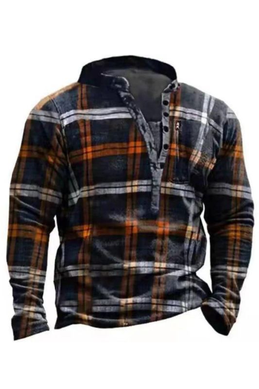 Fashion Casual Button V Neck Long Sleeve Vintage Plaid Print  Sweatshirts