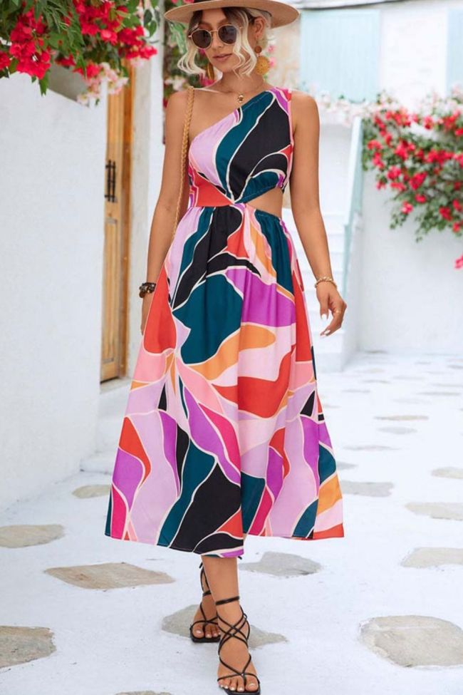 Women One Shoulder Hollow Out Print Boho Midi Dress