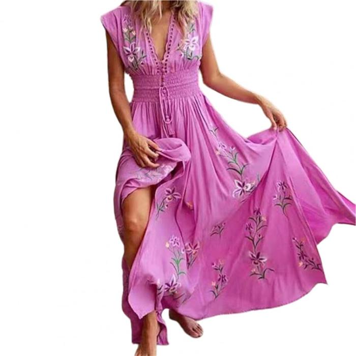 Bohemian Fashion Floral Print Lace Up Tassel Swing  Maxi Dress