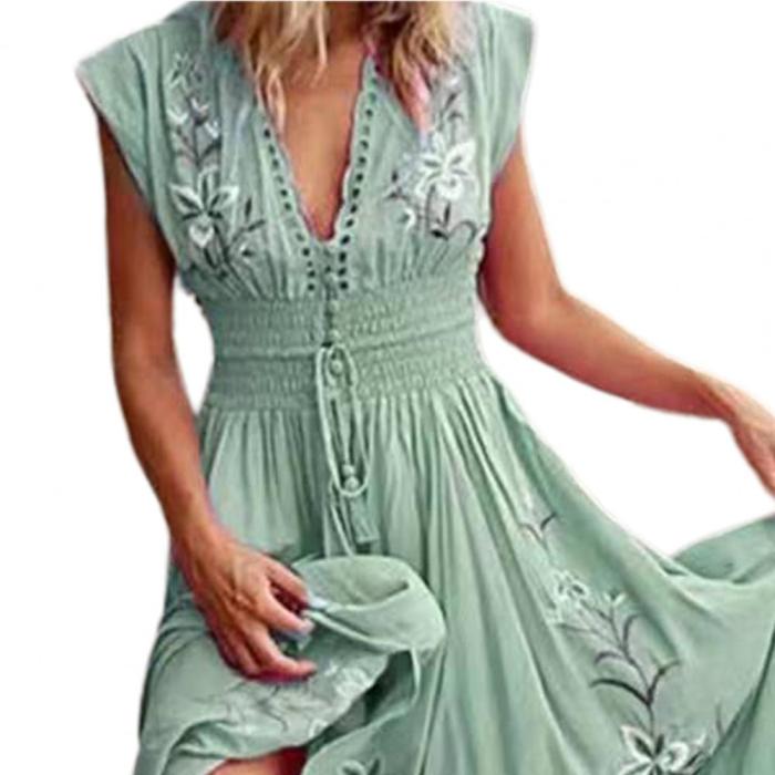 Bohemian Fashion Floral Print Lace Up Tassel Swing  Maxi Dress