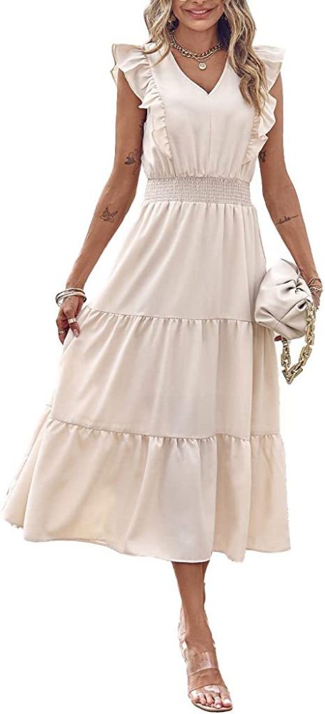 Solid Color Wooden Ear Trim Sleeveless V-Neck Fashion Casual Pleated Midi Dress