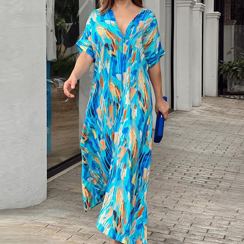 Fashion Loose Bohemian Elegant Color Print Short Sleeve Casual V Neck Dress