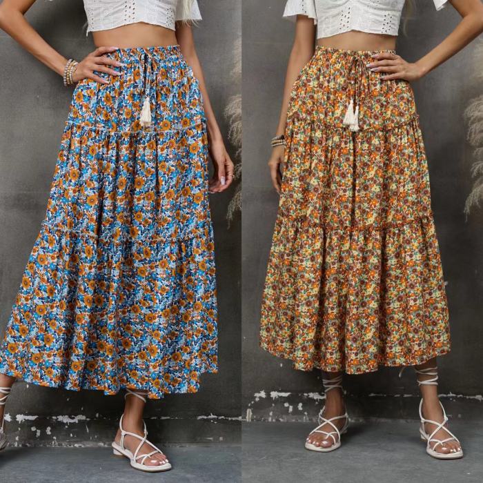 Fashion Vacation Bohemian Casual Loose Fungus Pleated Floral Skirt