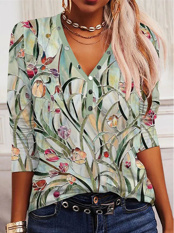 Women's Fashion Casual V-Neck Retro Floral Loose  Blouses & Shirts