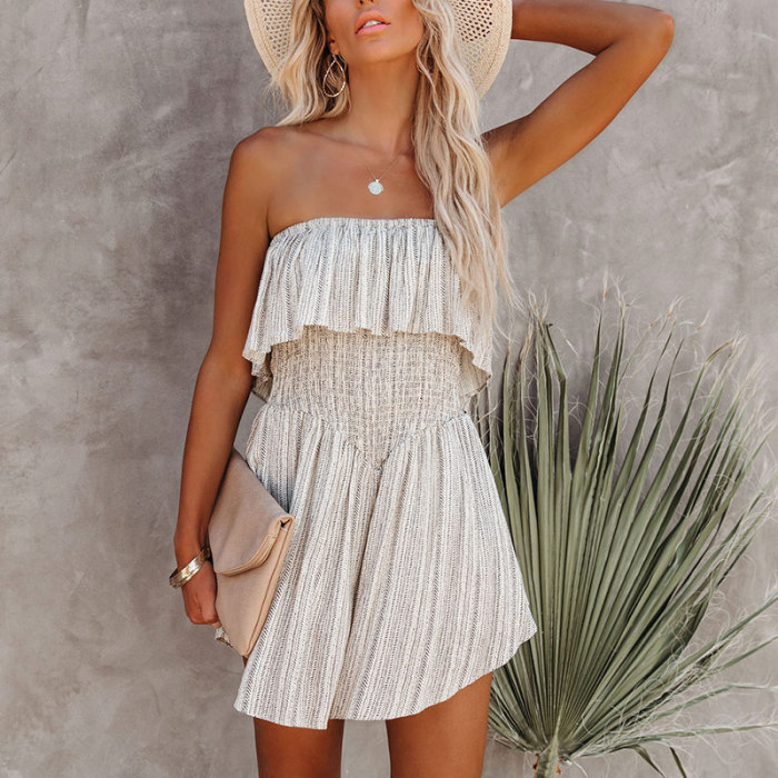 Elegant Off Shoulder Ruffle Stripe Sexy Sleeveless Casual Sexy Jumpsuit