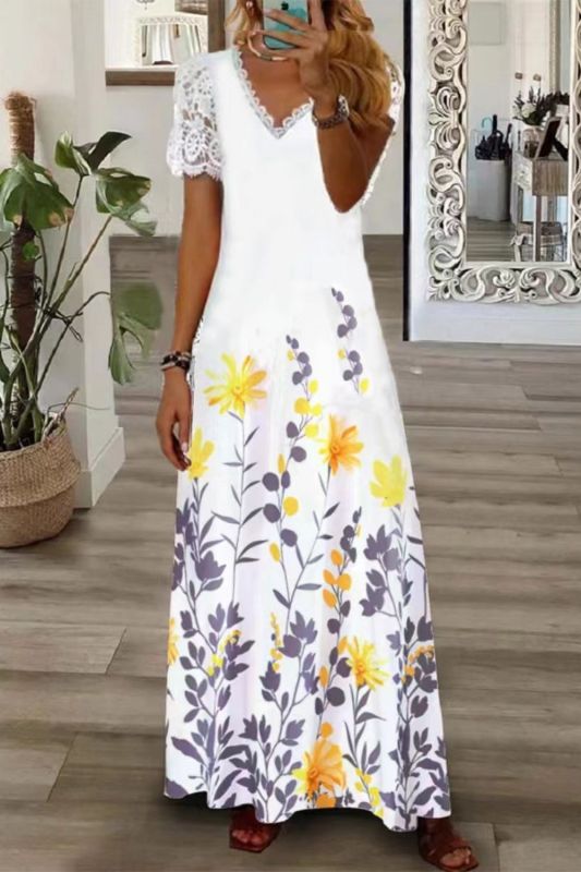 Fashion V Neck Lace Short Sleeve Printed  Maxi Dress