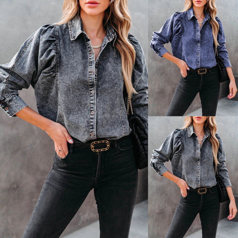 Fashion Retro Casual Solid Color Bubble Long Sleeve Bohemian Denim Shirt Blouses