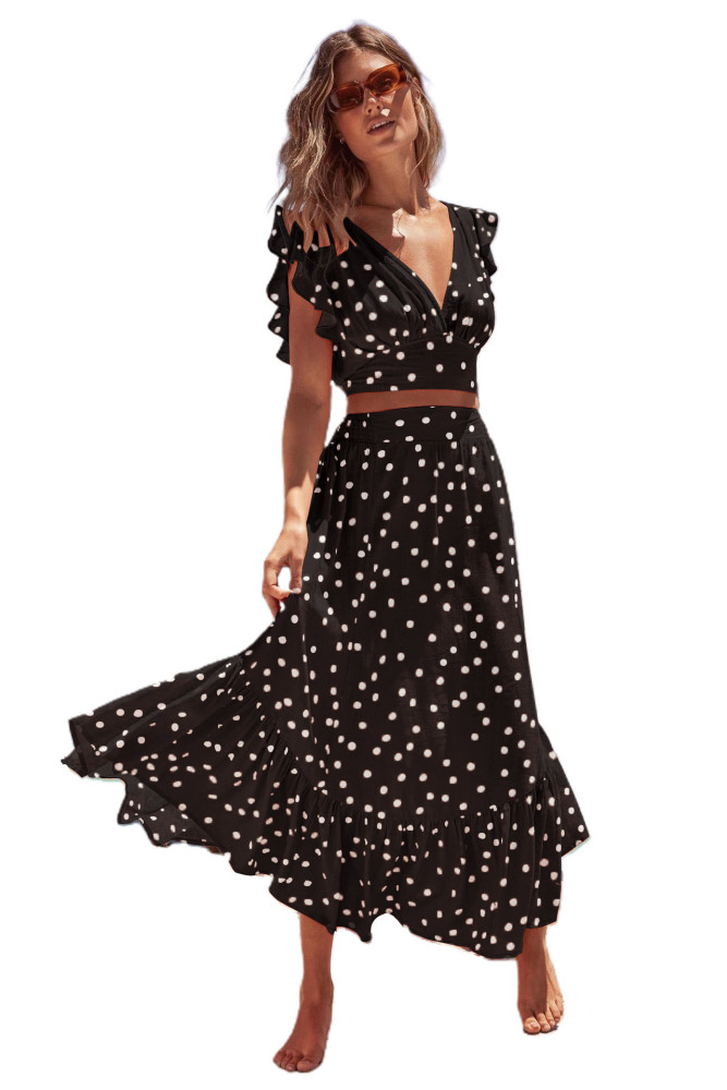 V-neck Ruffles Sleeves Dot Print 2 Pieces Set Elastic Long Skirts