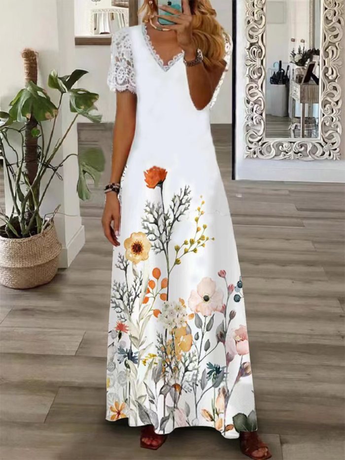 Women's Bohemian Style Fashion V Neck Lace Printed  Maxi Dress